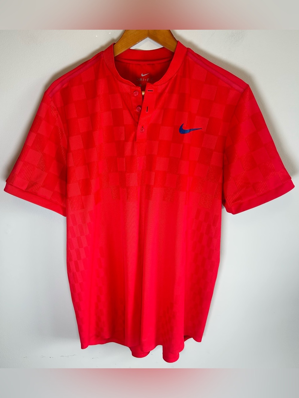 Nike Court Dry Advantage Polo Shirt Men’s L Red Plaid Check DriFit Blade Collar